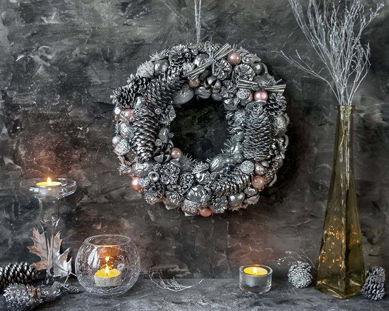 Silver metallic Christmas wreath with hints of bronze and gold. 