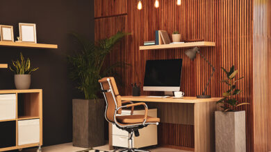 Picture of a home office with wooden slat walls