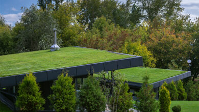 Slanting grassy roofs