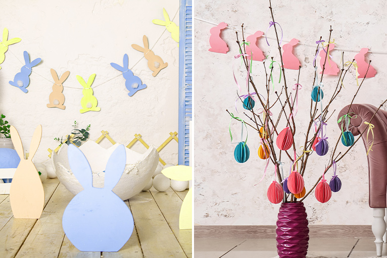 Easter themed wall decoration of bunnies and eggs