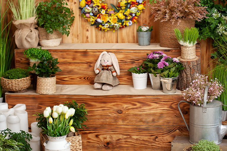 Plants and bunnies on wooden shelves