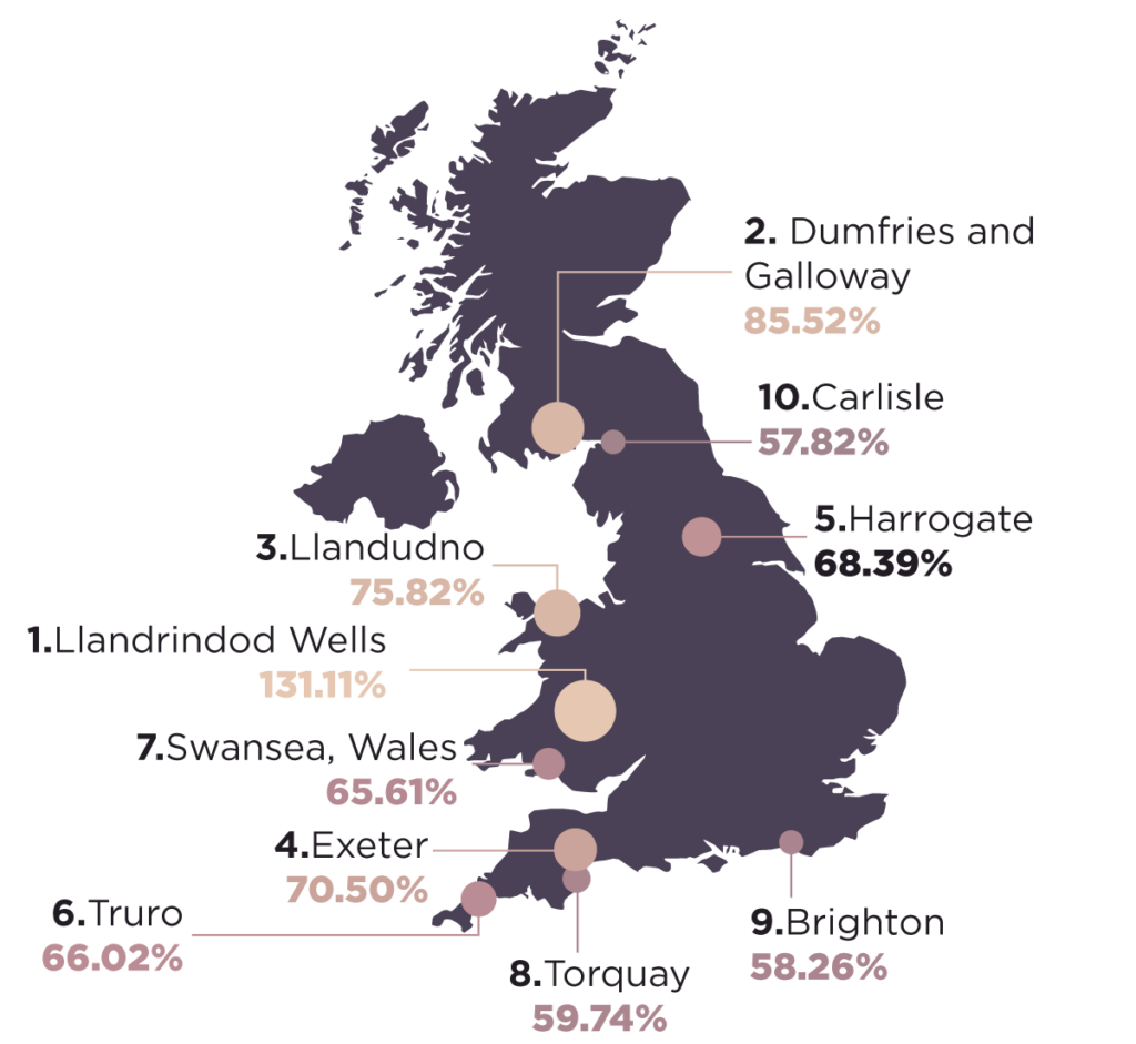 Map showing the top 10 areas where demand for tradespeople increased the most in 2021