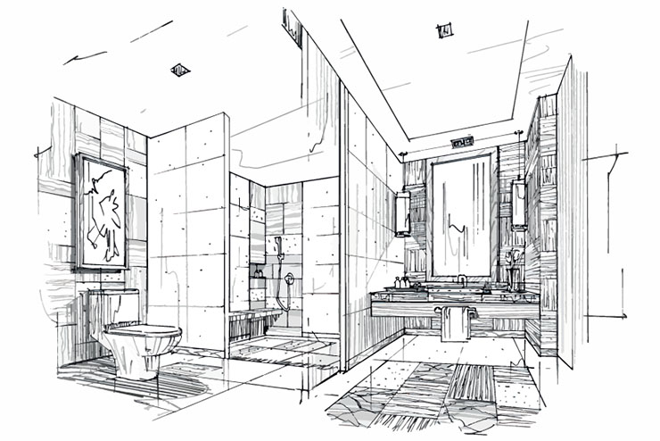 Black and white sketch of a bathroom.