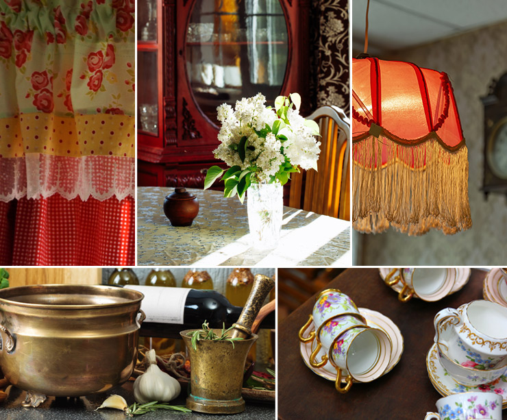 Image of grandmillenial decor for a kitchen, including vintage teacups, lamp shades, curtains and other kitchen utensils