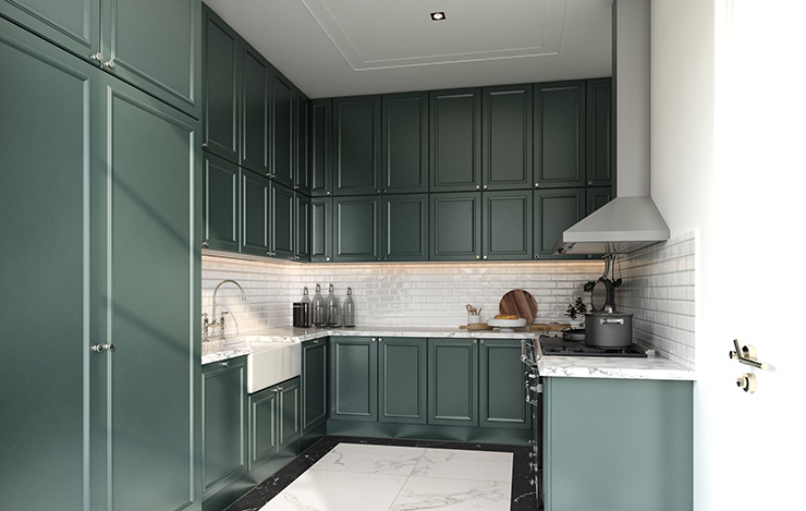 Picture of a kitchen with sage green kitchen cabinets