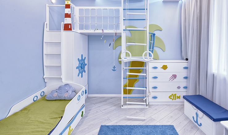 The interior of a child's bedroom in a marine style.