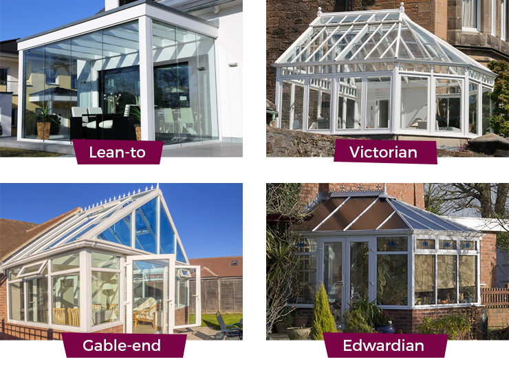 Picture illustrating the different types of conservatory styles, including Lean-to, Victorian, Edwardian, and Gable-end