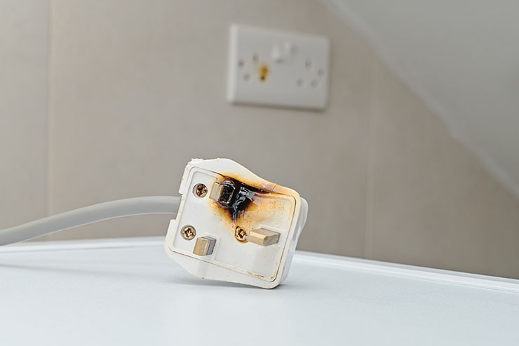 Picture of a burnt plug with black scorch marks