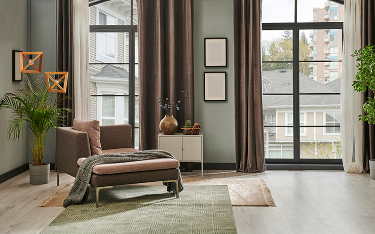 Picture of a living room with curtains and carpet