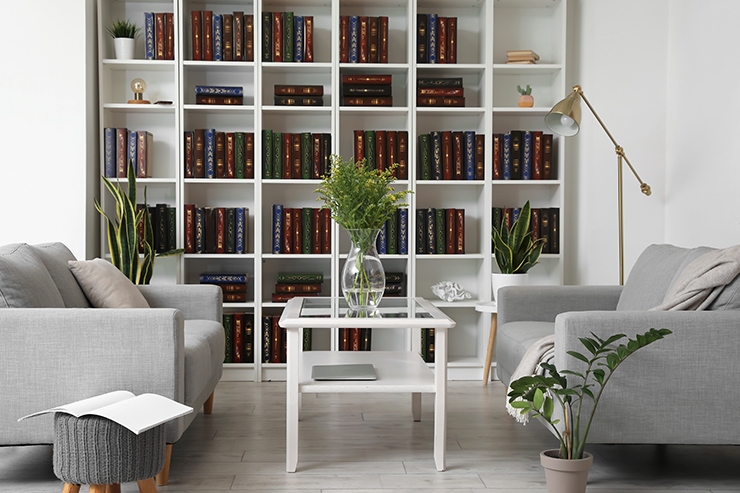 Picture of a living room with floor to ceiling bookshelves