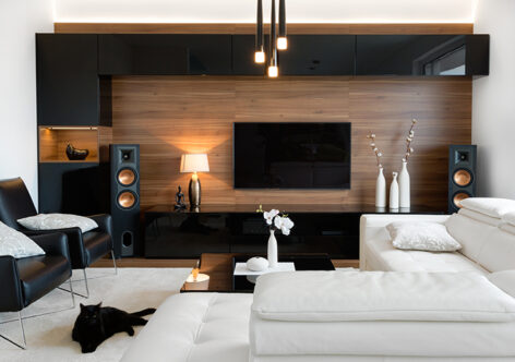 Picture of a living room with TV and wooden panel walls