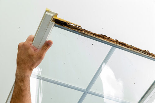 Picture of a window frame full of rot being held up