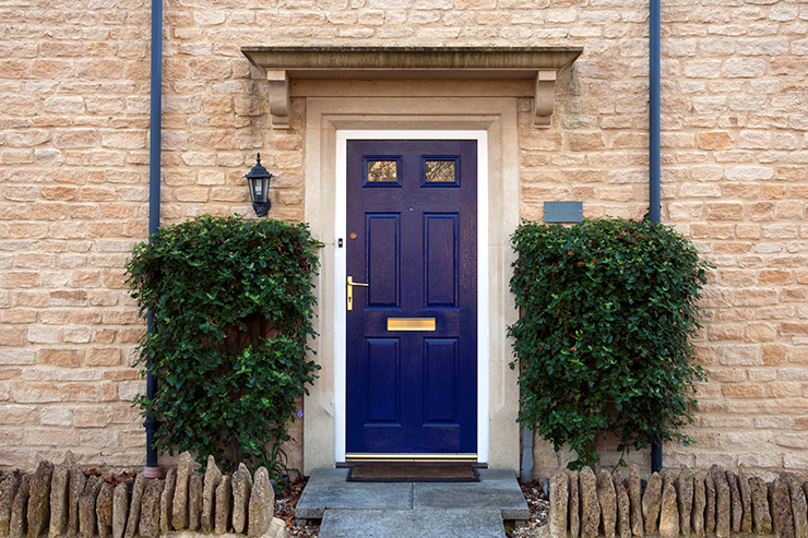 Picture of a front door with shrubs on each side