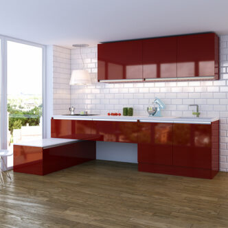Picture of a red glossy kitchen with wooden floors