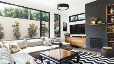 Picture of a living room with black and white furniture