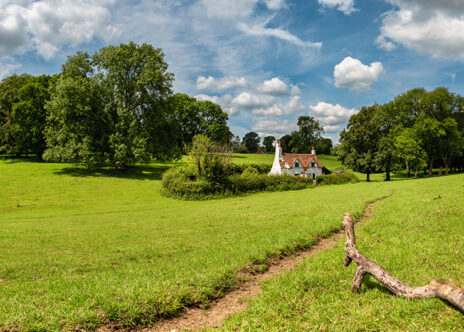 Picture of a house in a green field 