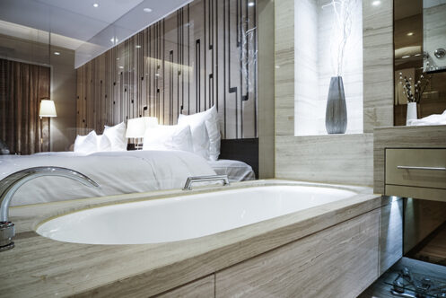 Picture of a large bathroom with bathtub 