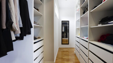 picture of a narrow walk-in wardrobe corridor