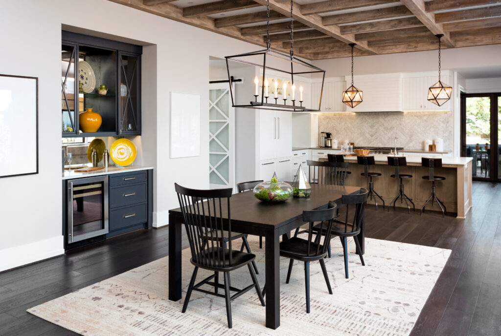Picture of a kitchen with black wooden floors