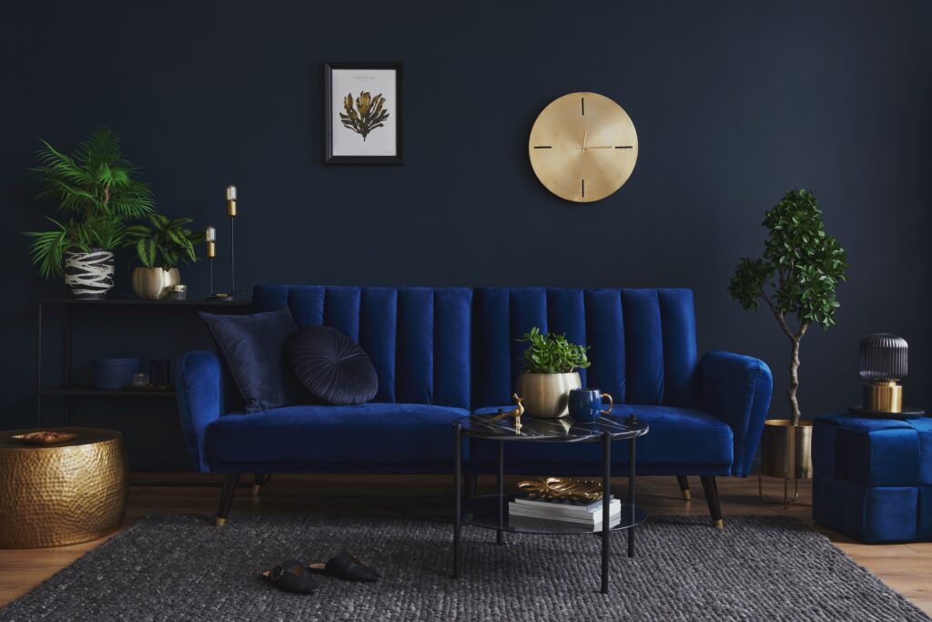 Picture of a living room with dark colour drenched painted walls
