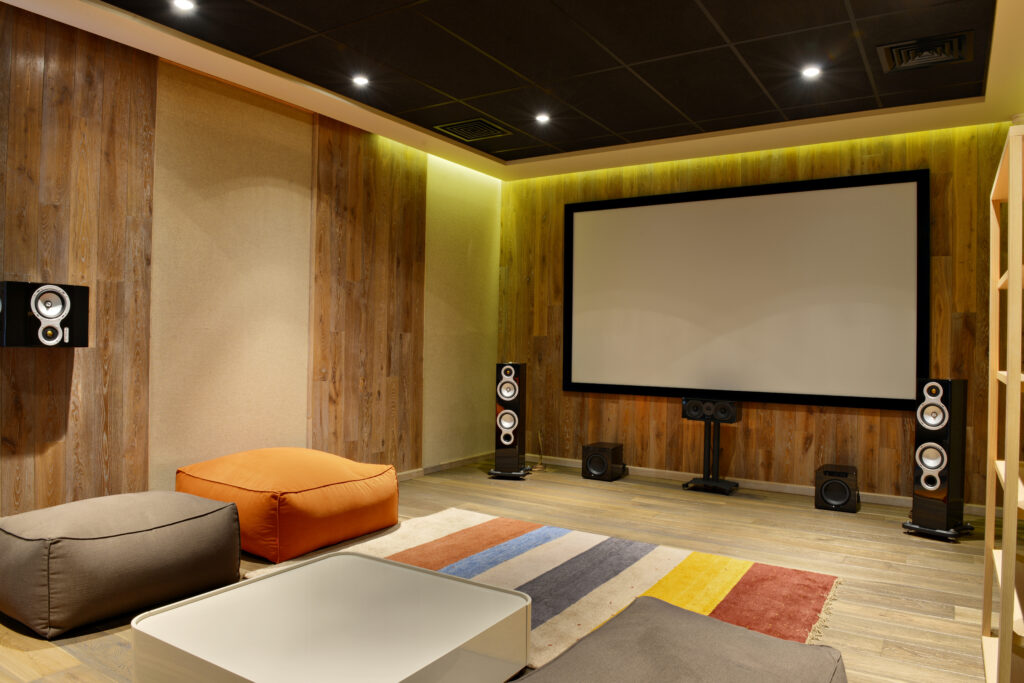 Picture of a home cinema room with colourful couch