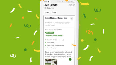 Illustration of a phone with Rated People trades app live leads page on the screen