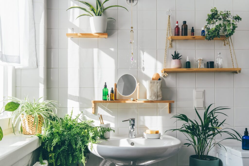 Picture of a bathroom with lots of plants and white sink