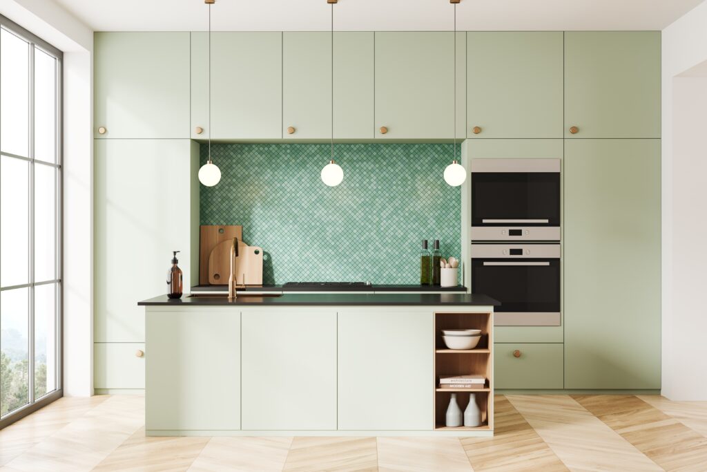 Picture of a modern kitchen in a light mint green colour