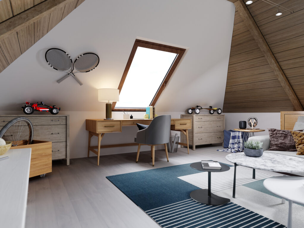 Picture of an attic used as a room with desk and lounge area